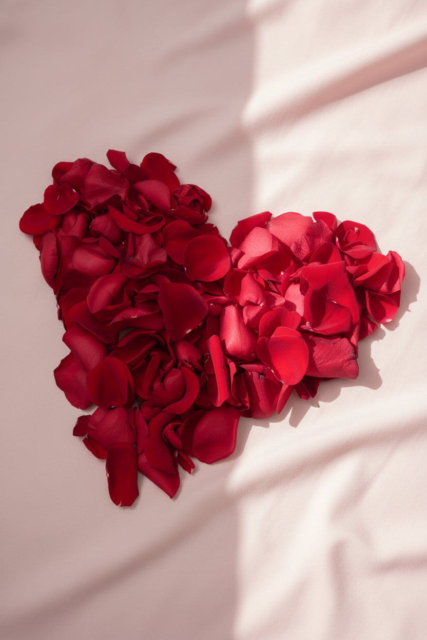 Red rose petals in a heart shape