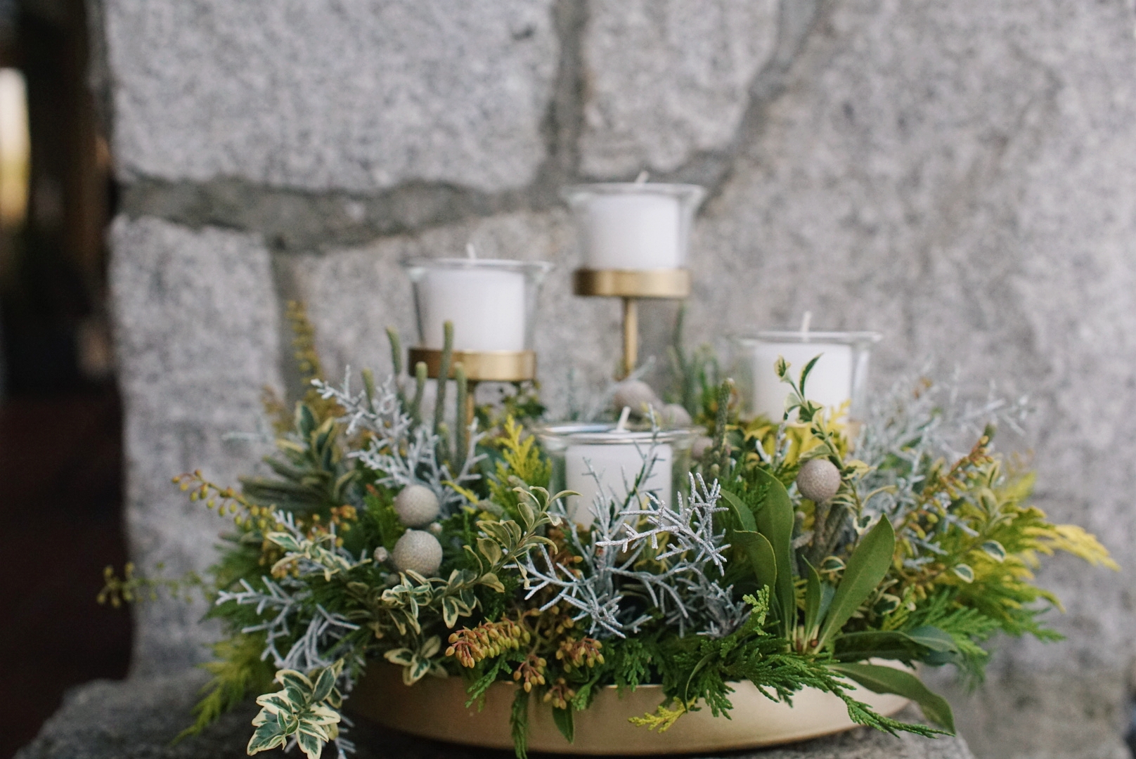 Signature Christmas Collection – Wintery Textures Gold Votive Arrangement